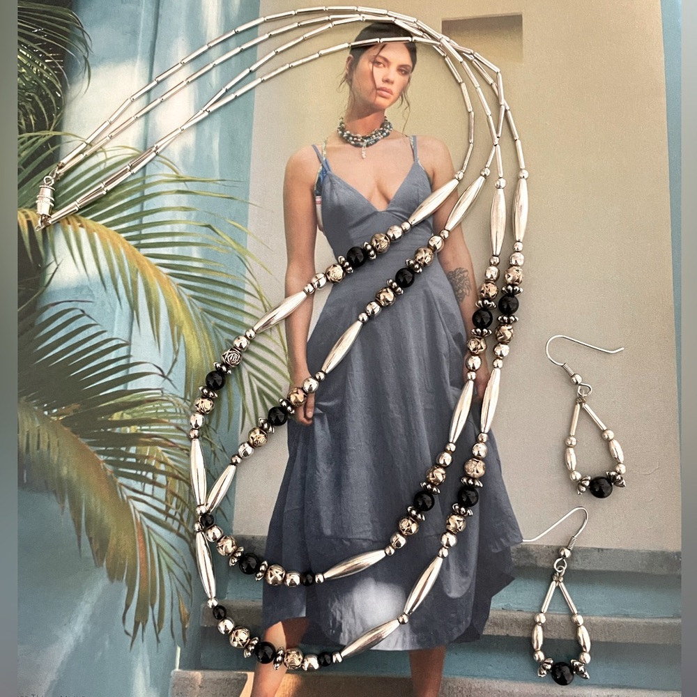 VINTAGE Liquid Sterling Silver Beaded Onyx Necklace and Earrings